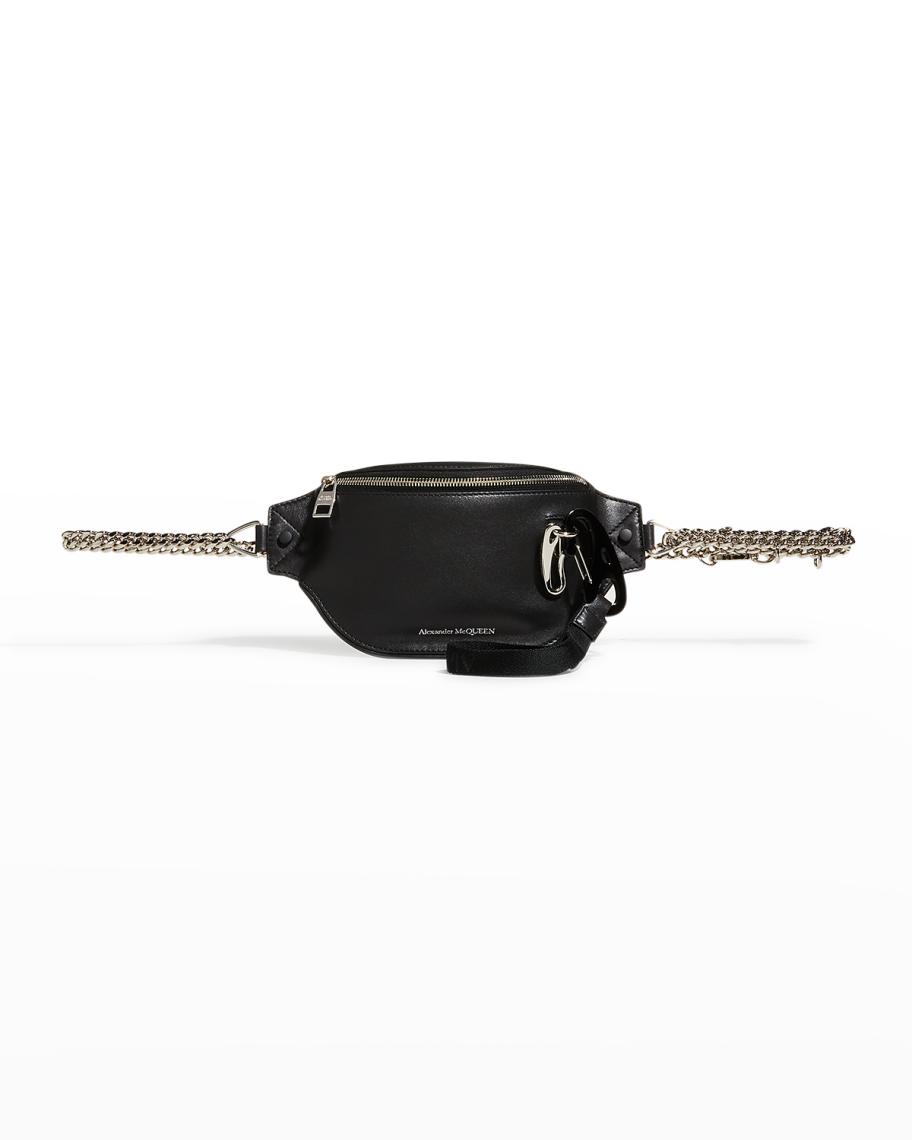McQueen Men's Biker Bum Bag Leather Belt Bag w/ Chain Strap