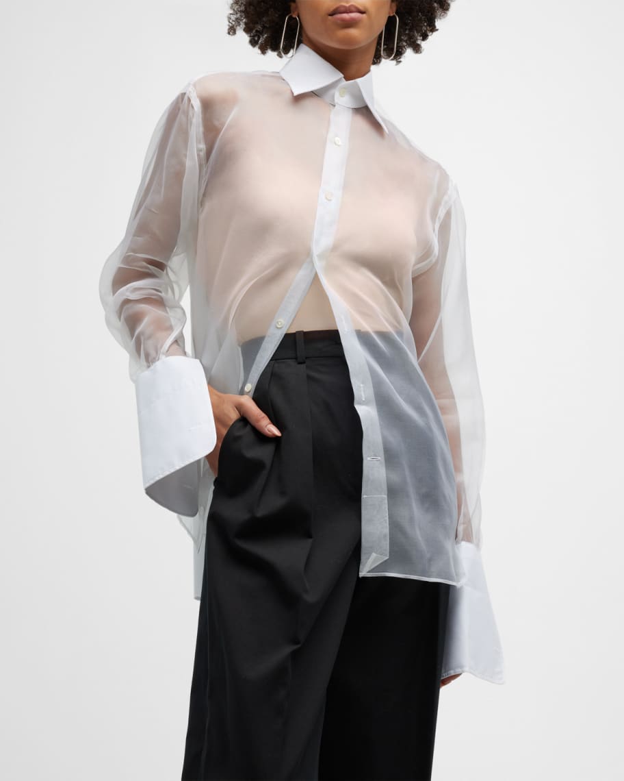 WOERA Silk Poplin & Organza Combo Button-Front Shirt | Neiman Marcus