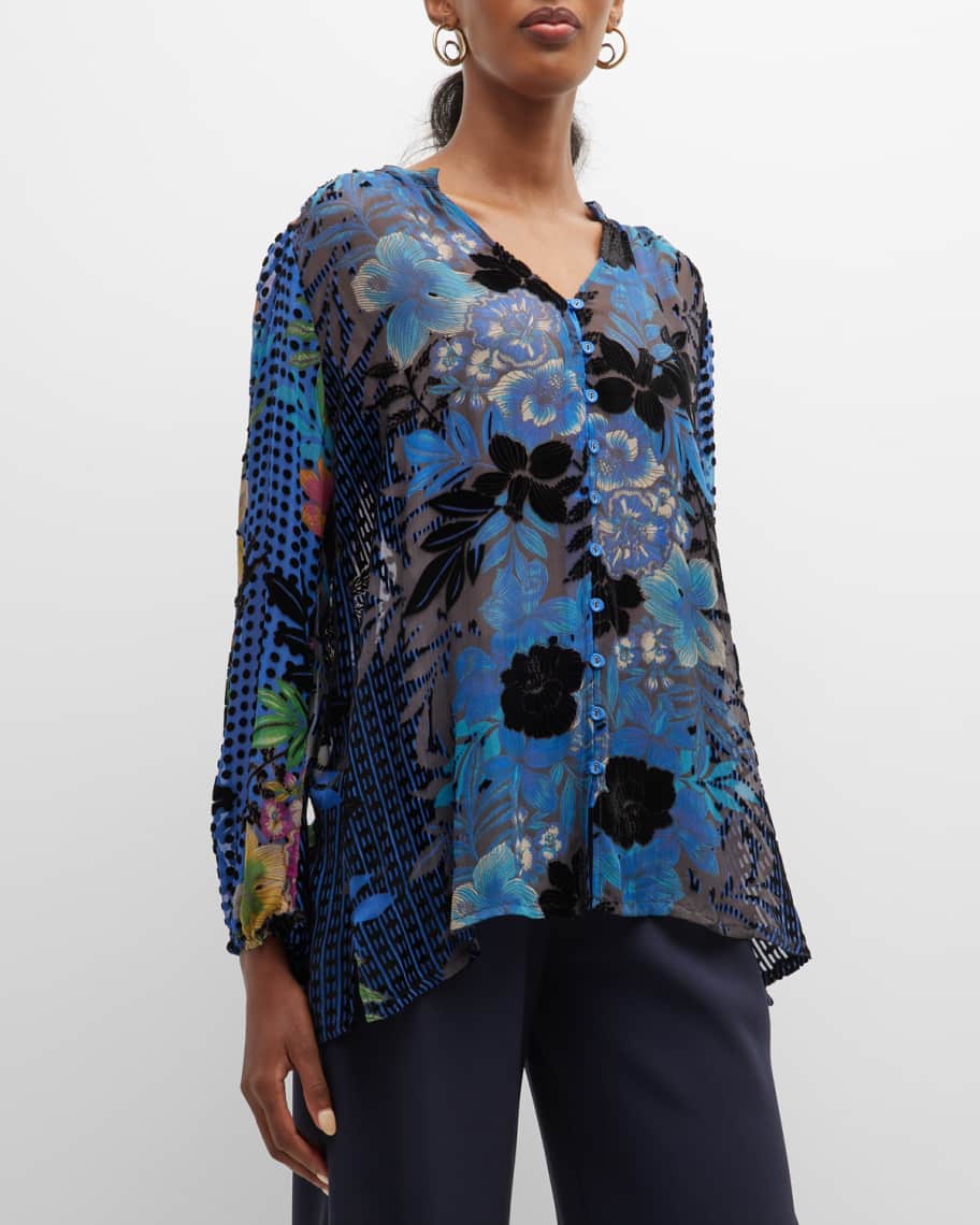 Johnny Was Lydia Floral-Print Burnout Blouse | Neiman Marcus