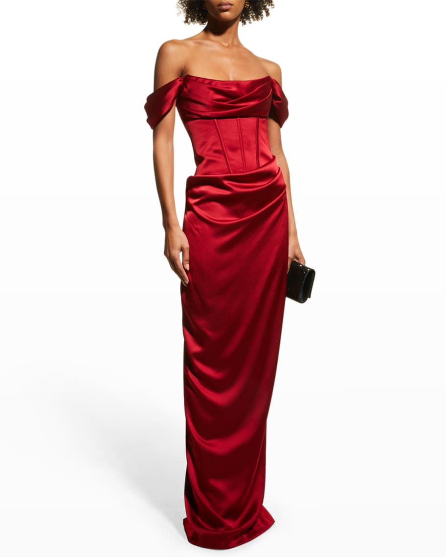 Rasario Off-The-Shoulder Draped Corset Satin Gown | Neiman Marcus