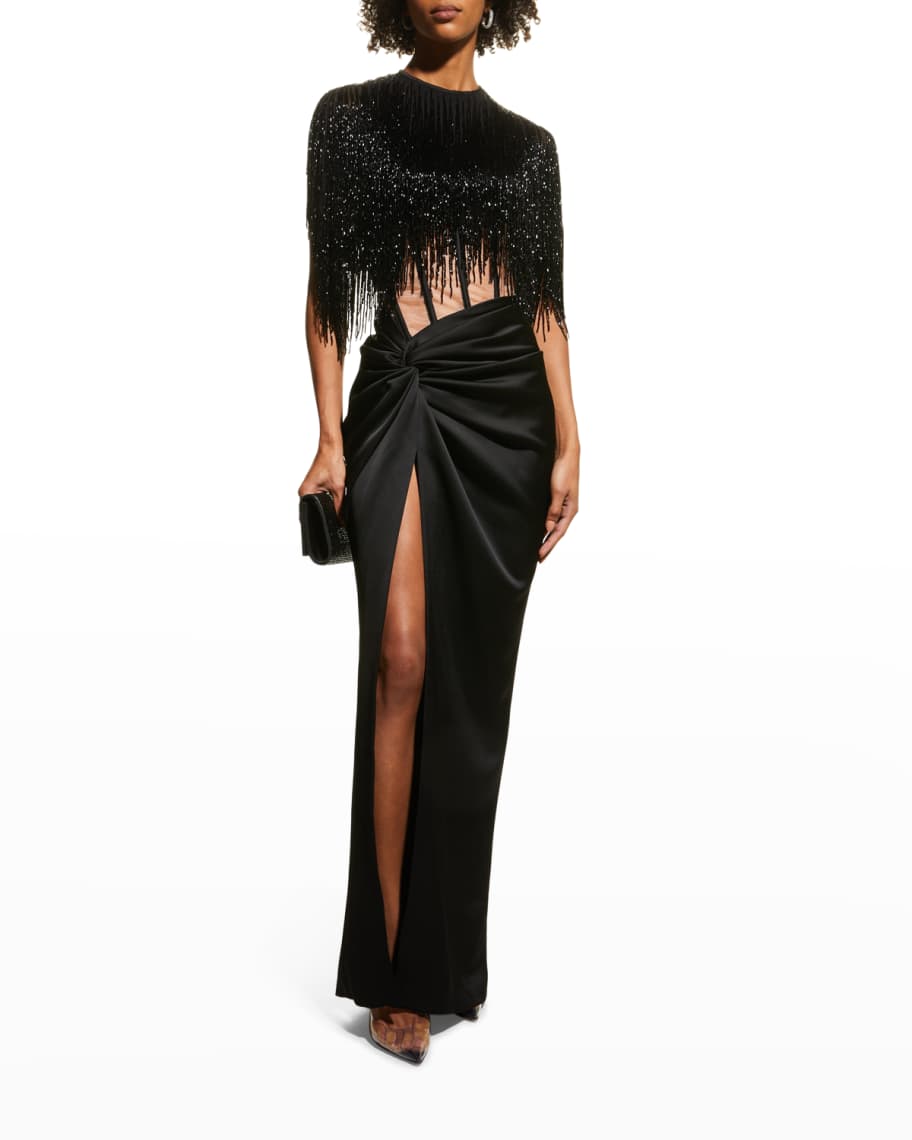 Rasario Beaded-Fringe Sheer-Corset Draped Satin Gown | Neiman Marcus
