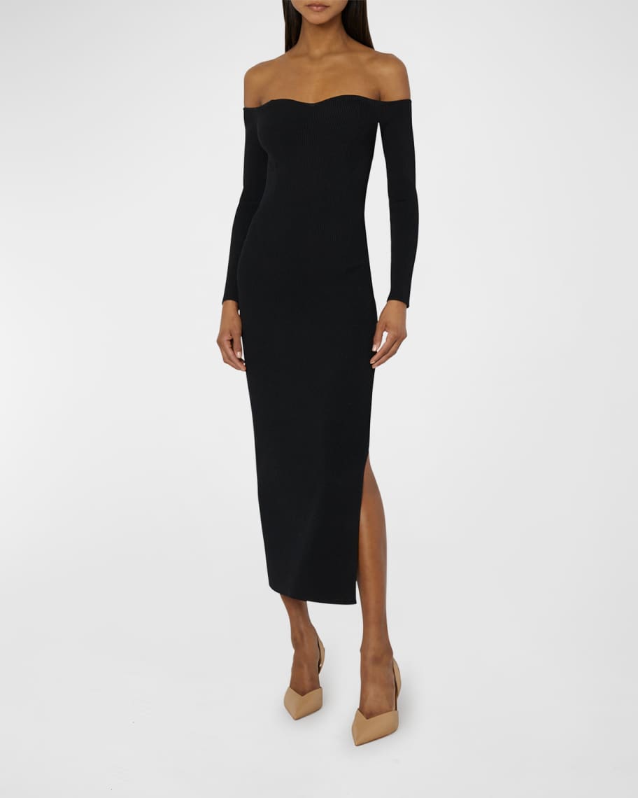 Milly Off-Shoulder Bustier Rib Midi Dress | Neiman Marcus