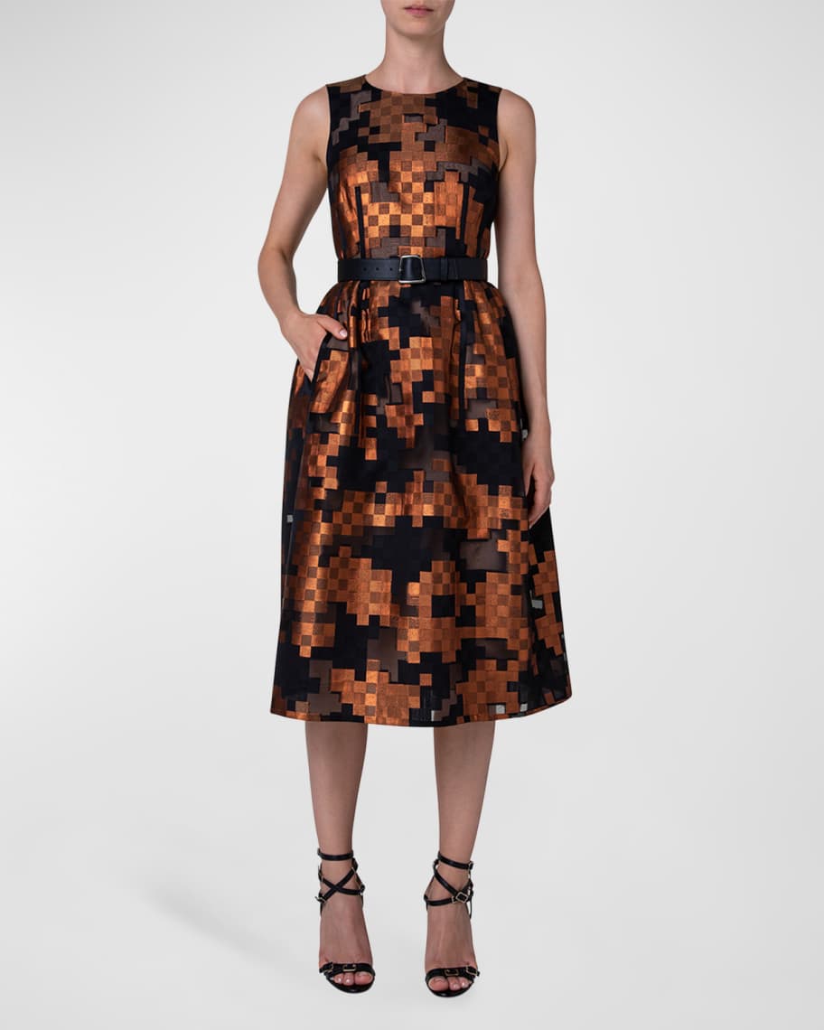 Akris Square Jacquard Mesh-Insert Fit-&-Flare Midi Dress | Neiman Marcus