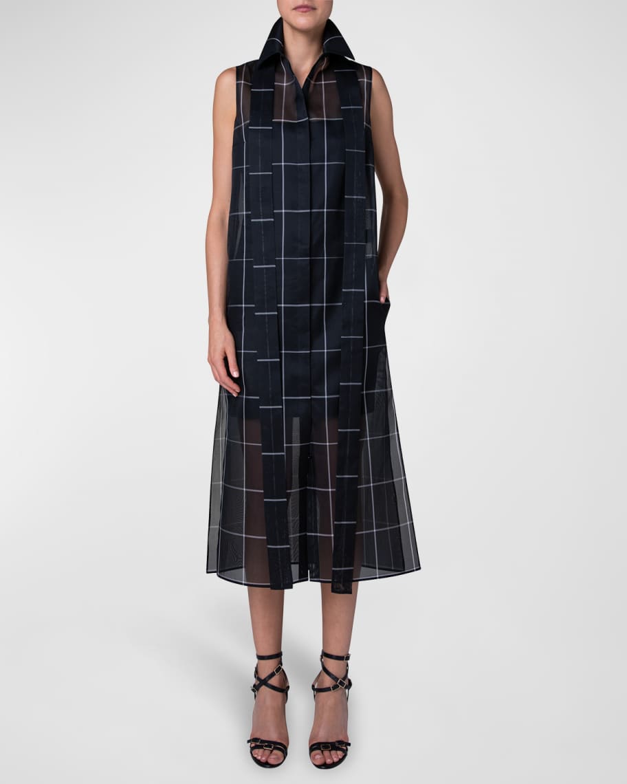 Akris Windowpane-Print Neck-Tie Silk Crepe Midi Shirtdress | Neiman Marcus