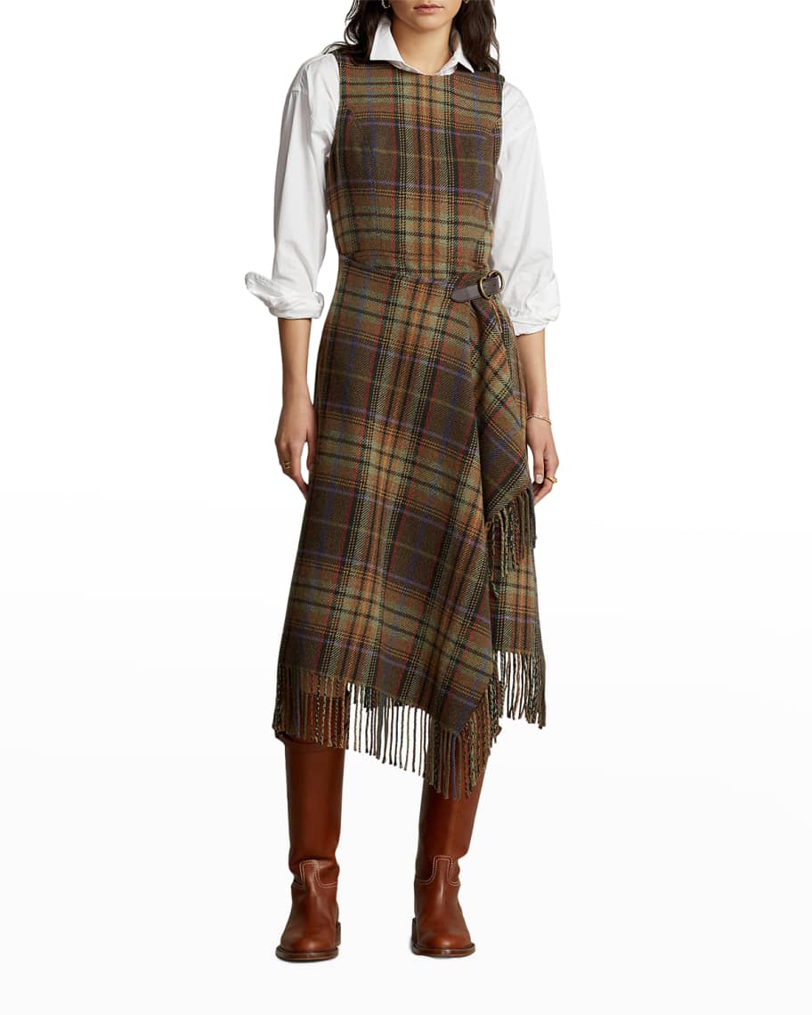 Polo Ralph Lauren Plaid Fringe Leather-Trim Wrap Dress | Neiman Marcus