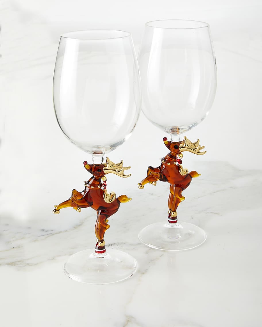 Neiman Marcus Hand-Painted Reindeer Wine Glasses, Set of 4