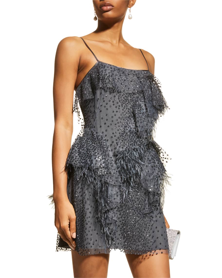 Alberta Ferretti Feather-Trim Glitter Tulle Mini Dress | Neiman Marcus