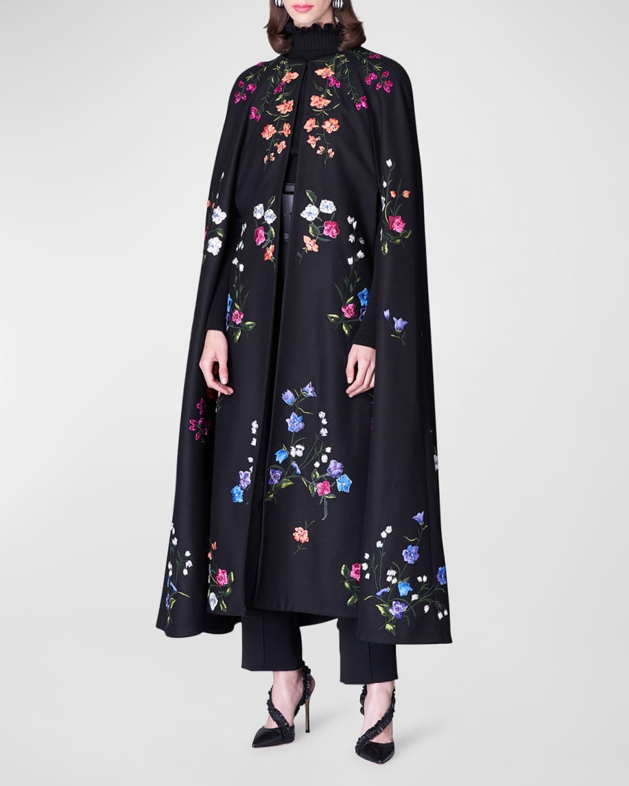 Carolina Herrera Floral Embroidered Long Wool Cape | Neiman Marcus