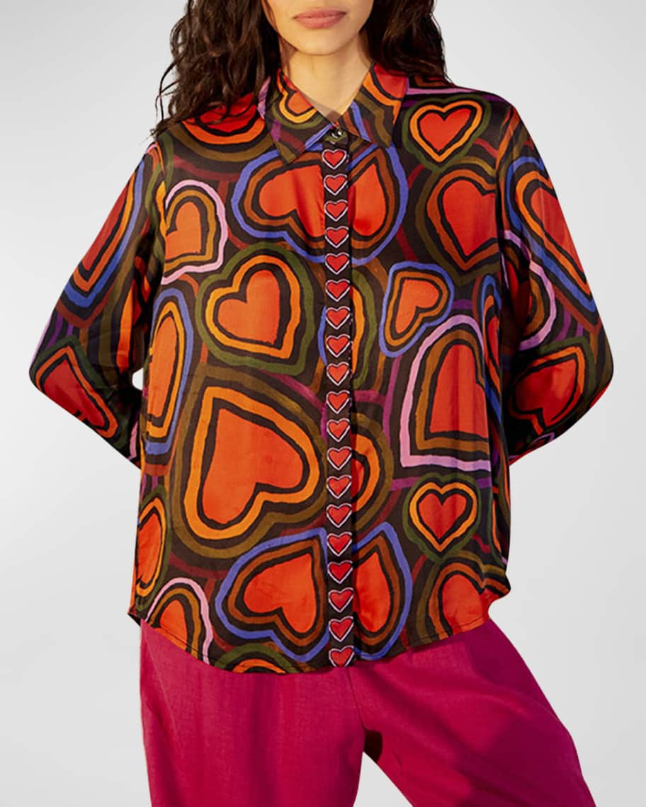 Farm Rio Wild Hearts Button-Front Shirt | Neiman Marcus