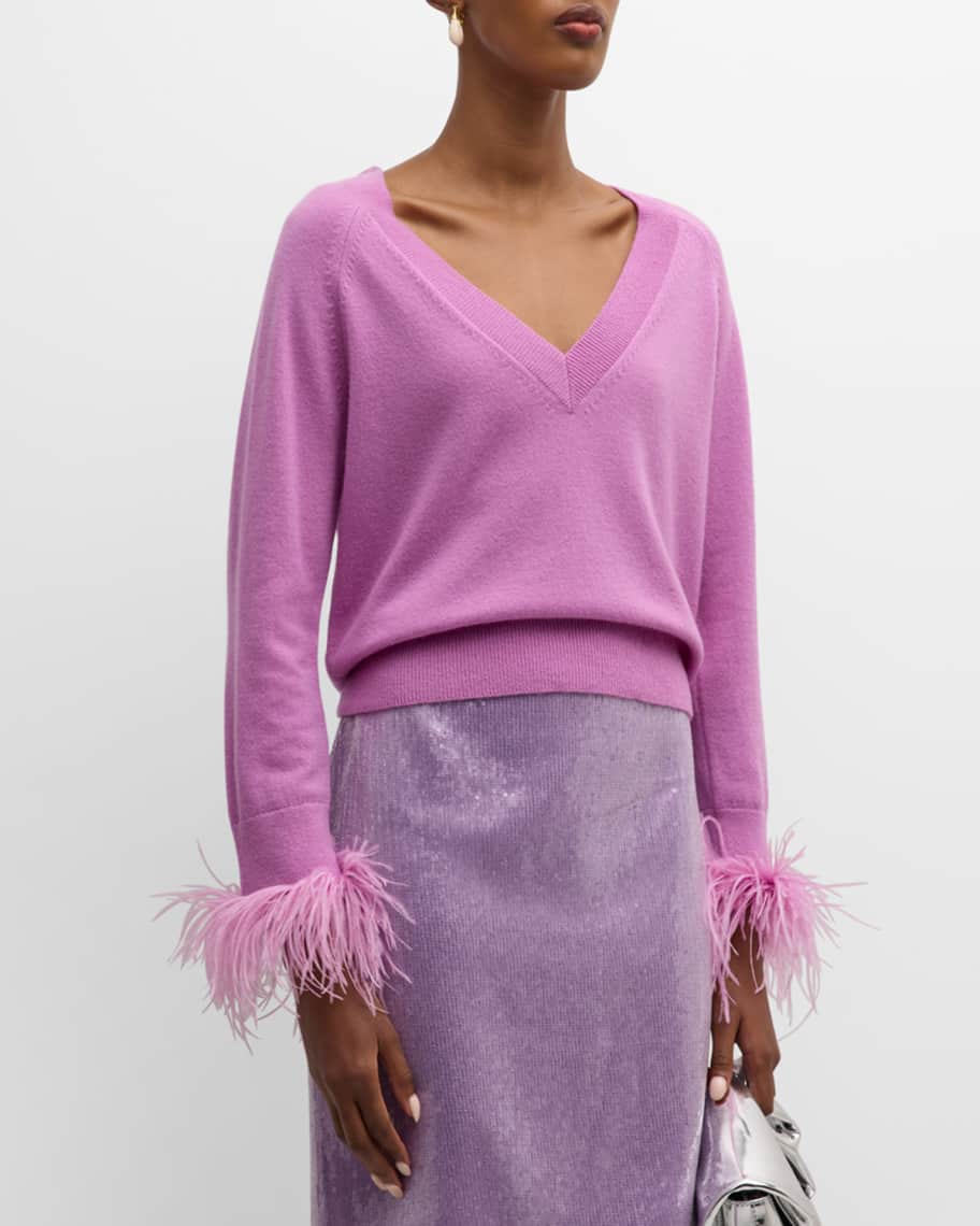 Milly Feather-Trim Cashmere-Blend Sweater | Neiman Marcus