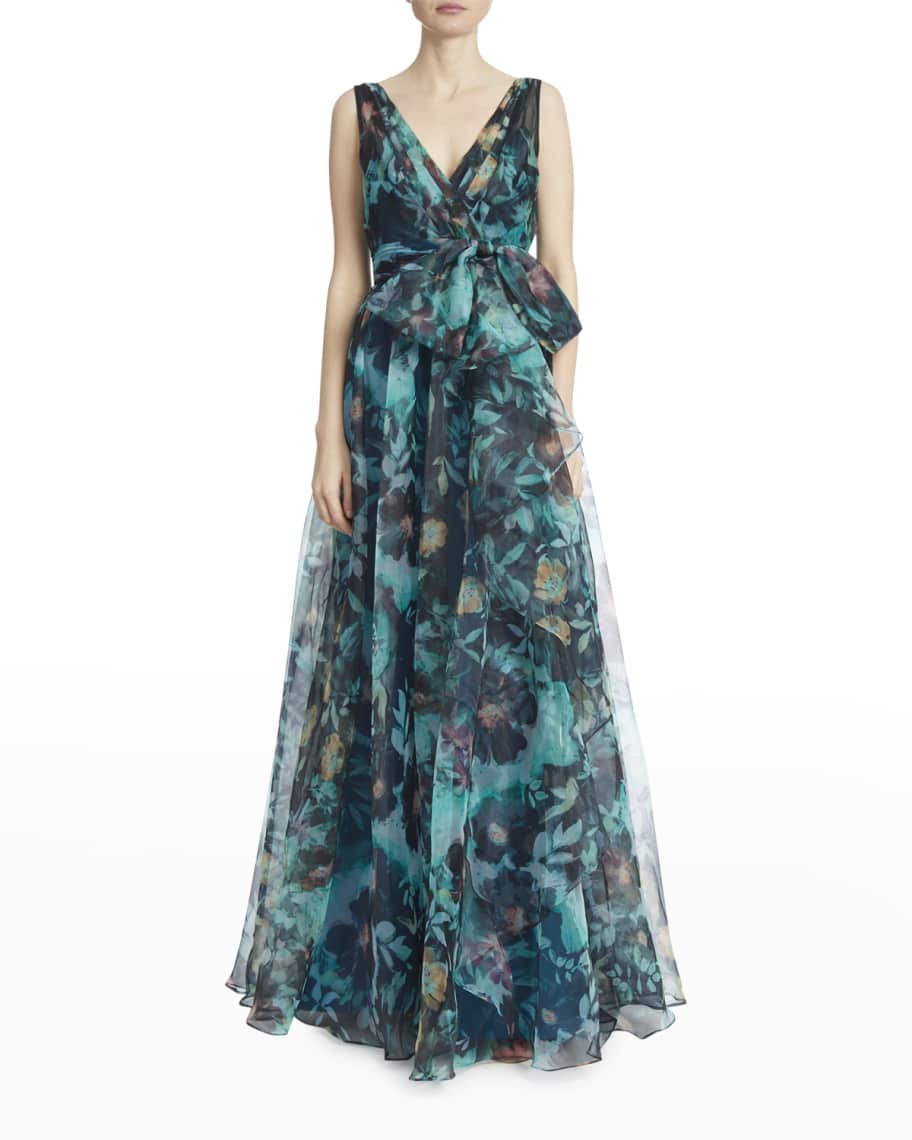 Badgley Mischka Collection Bow Floral-Print Organza A-Line Gown ...