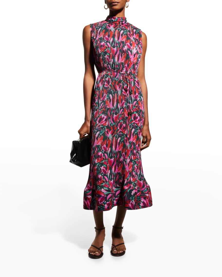 Milly Melina Pleated Floral-Print Midi Dress | Neiman Marcus