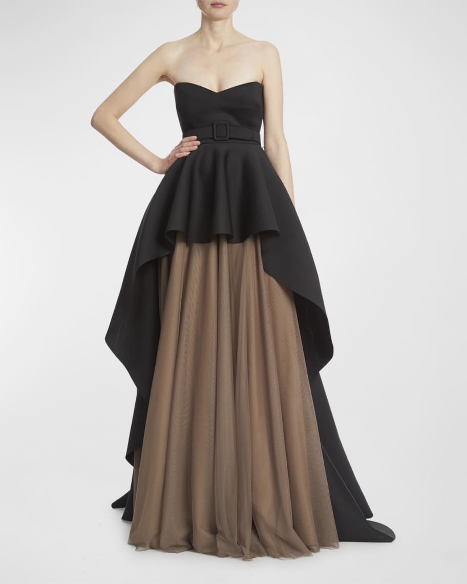 Badgley Mischka Collection Strapless Mixed Media Belted Gown | Neiman ...