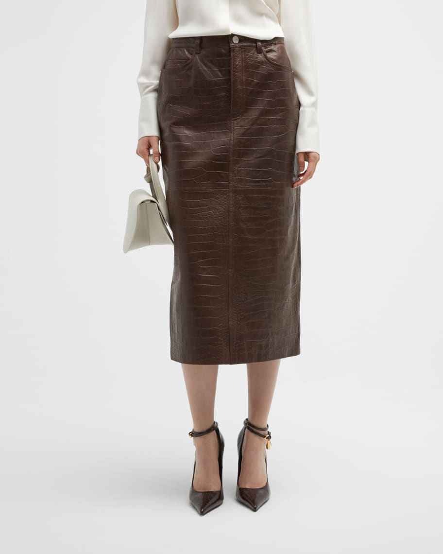 FRAME Crocodile Embossed Leather Midi Skirt | Neiman Marcus
