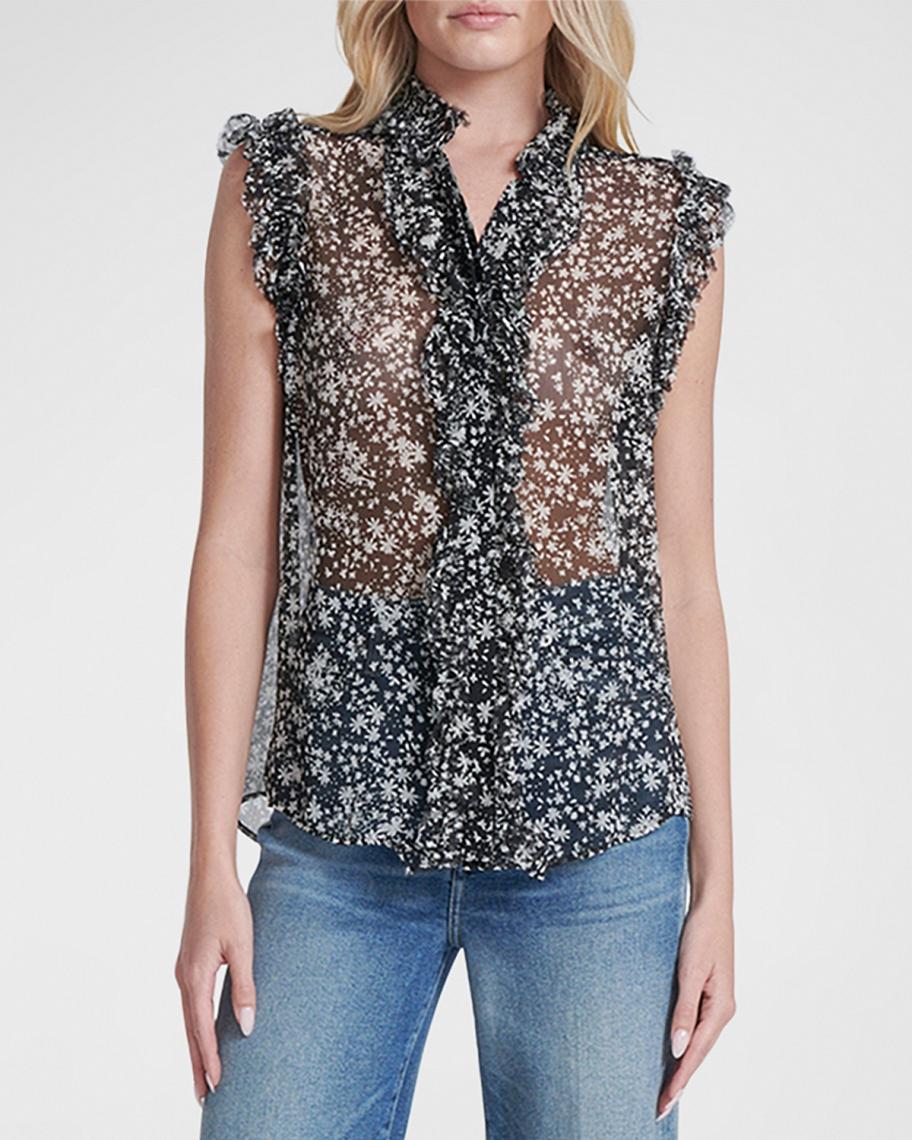 7 for all mankind Sleeveless Floral Ruffle Top | Neiman Marcus