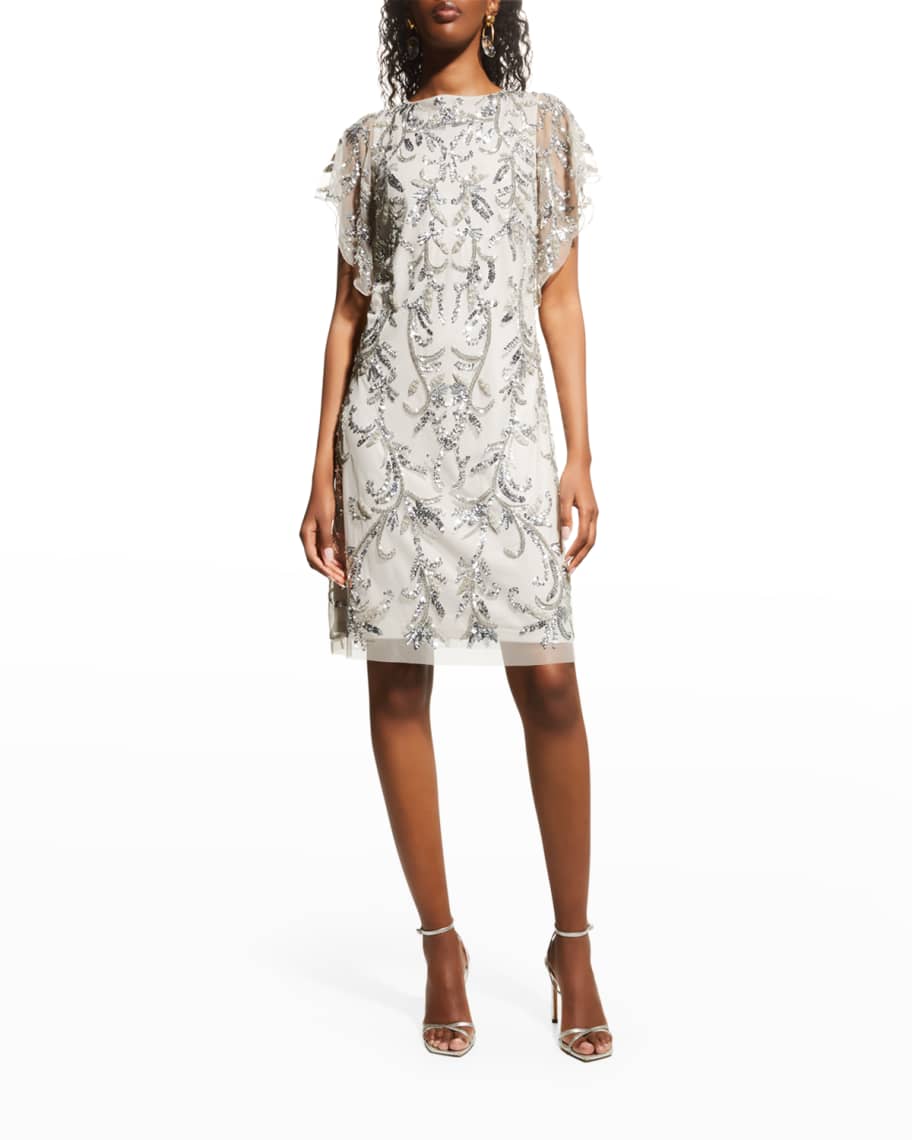 Aidan Mattox Beaded Flutter Sleeve Mini Trapeze Dress Neiman Marcus