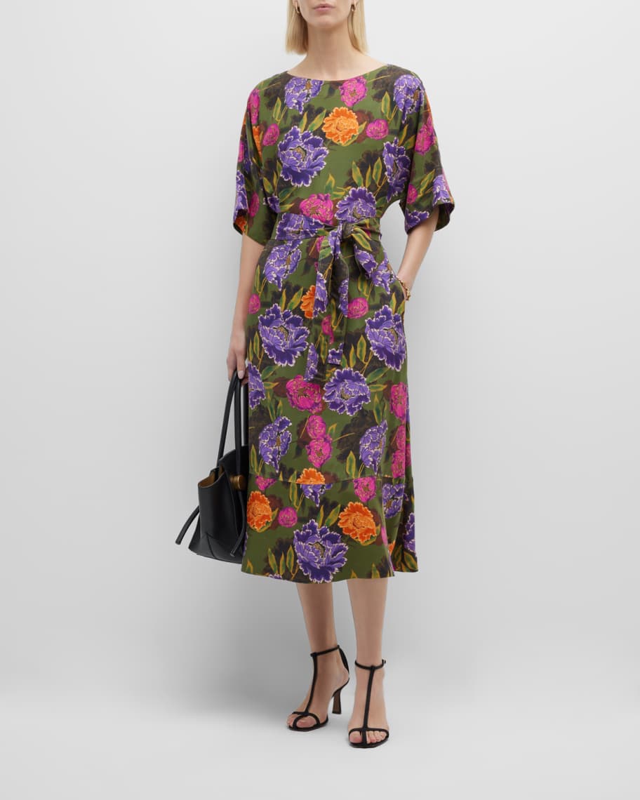 Natori Shugo Belted Floral-Print Midi Dress | Neiman Marcus