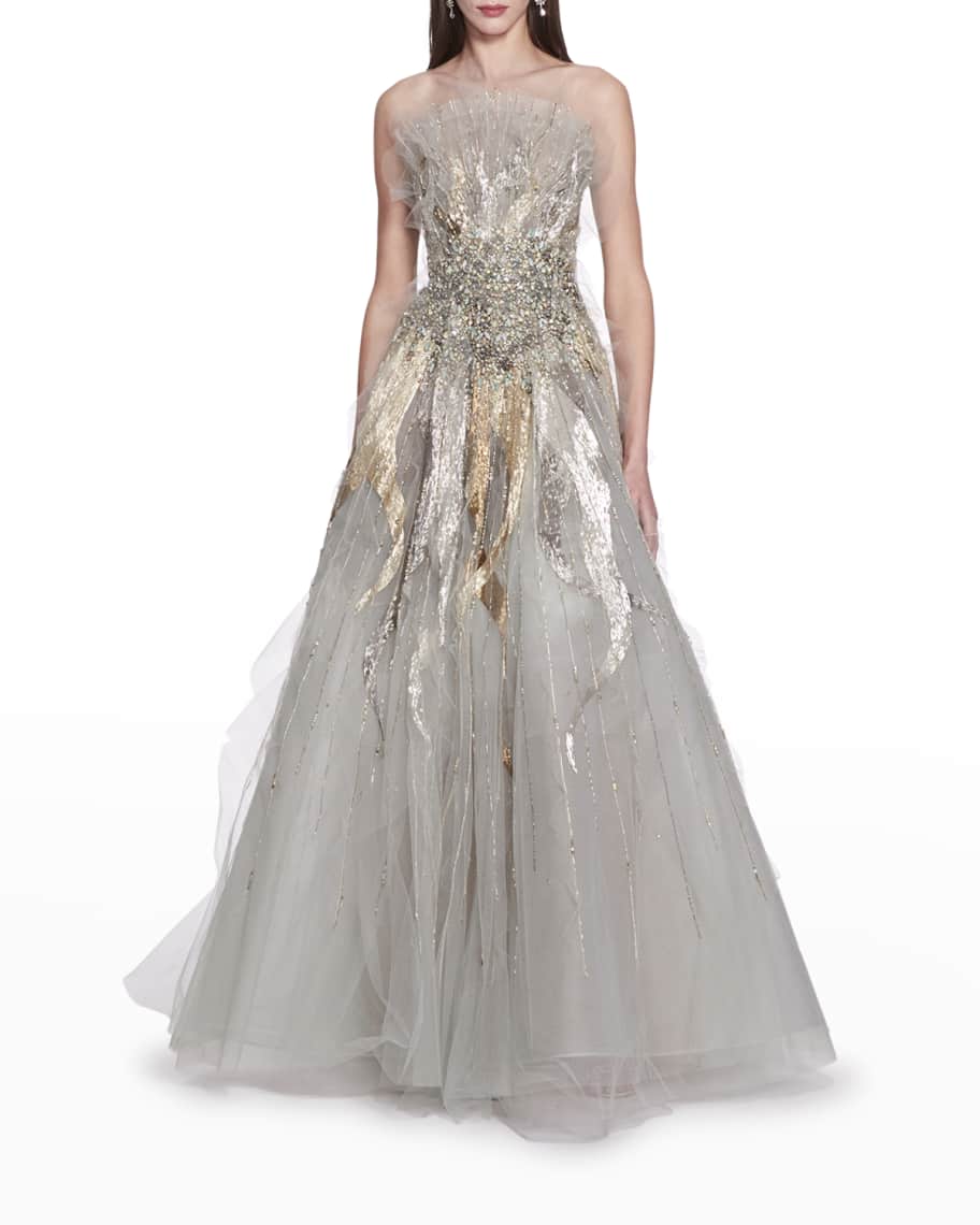 Marchesa Crystal Beaded Sun Ray Tulle Ball Gown | Neiman Marcus