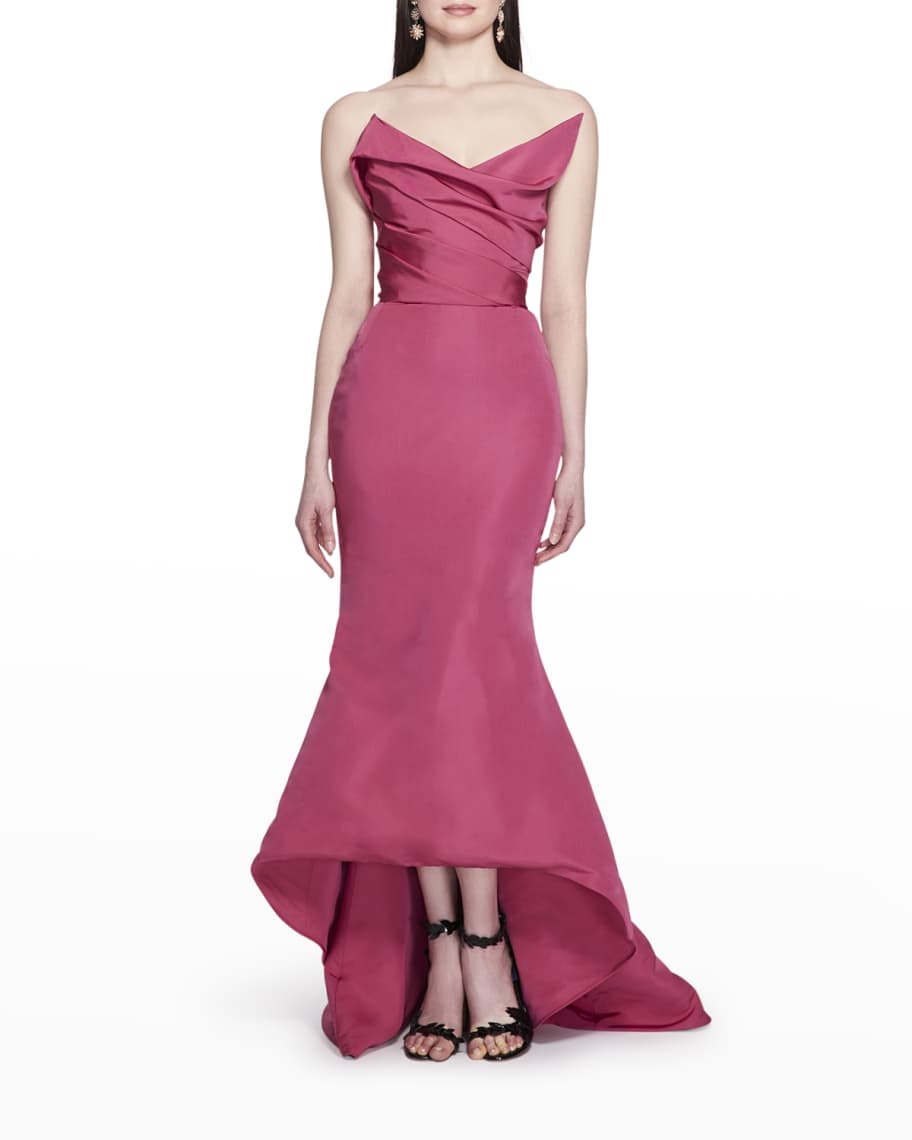 Marchesa Strapless Draped High-Low Silk Faille Gown | Neiman Marcus
