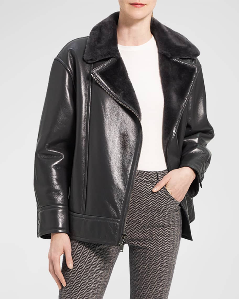 Theory Oversized Shiny Shearling Moto Jacket | Neiman Marcus