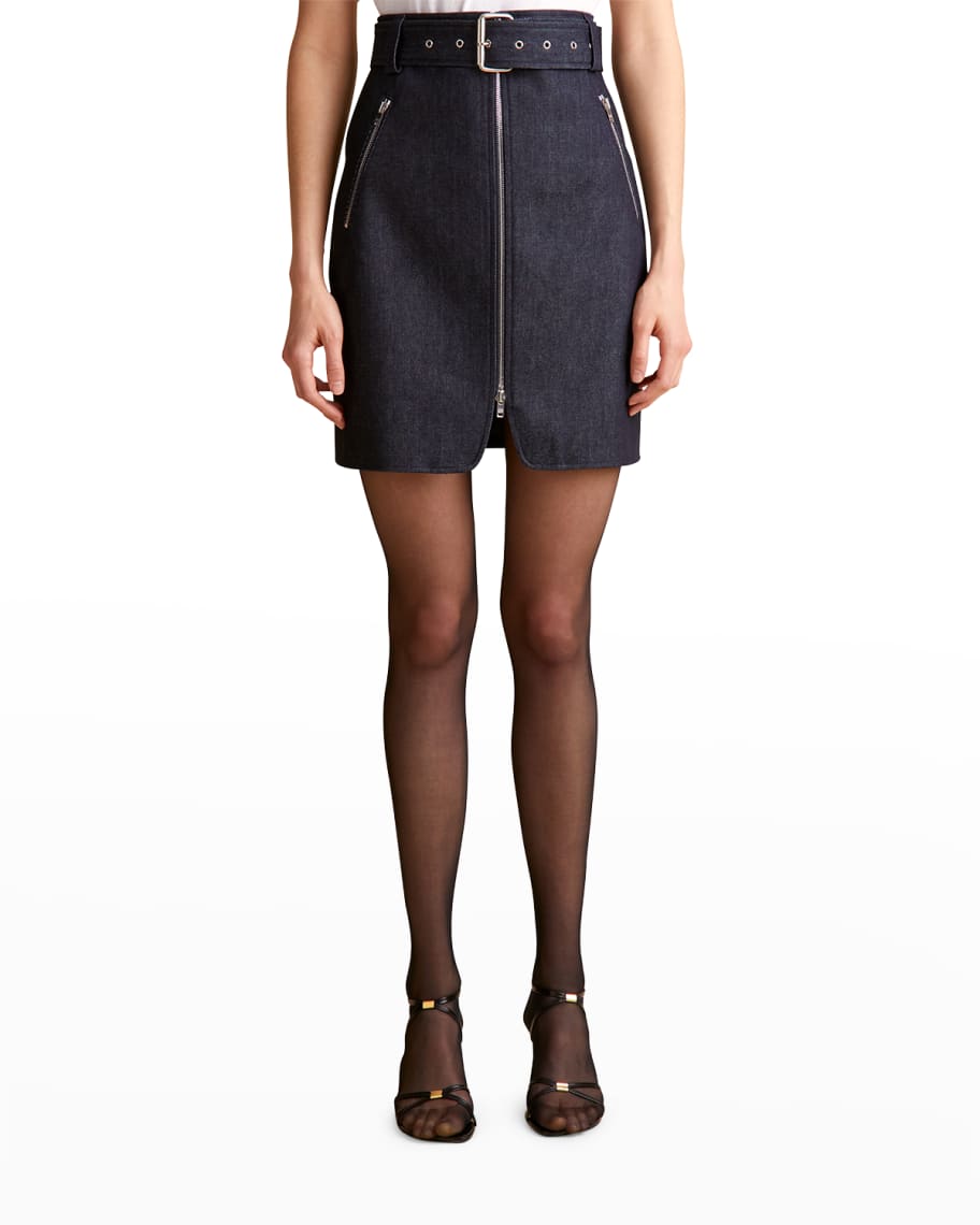 Khaite Luana Belted Zip-Front Denim Mini Skirt | Neiman Marcus