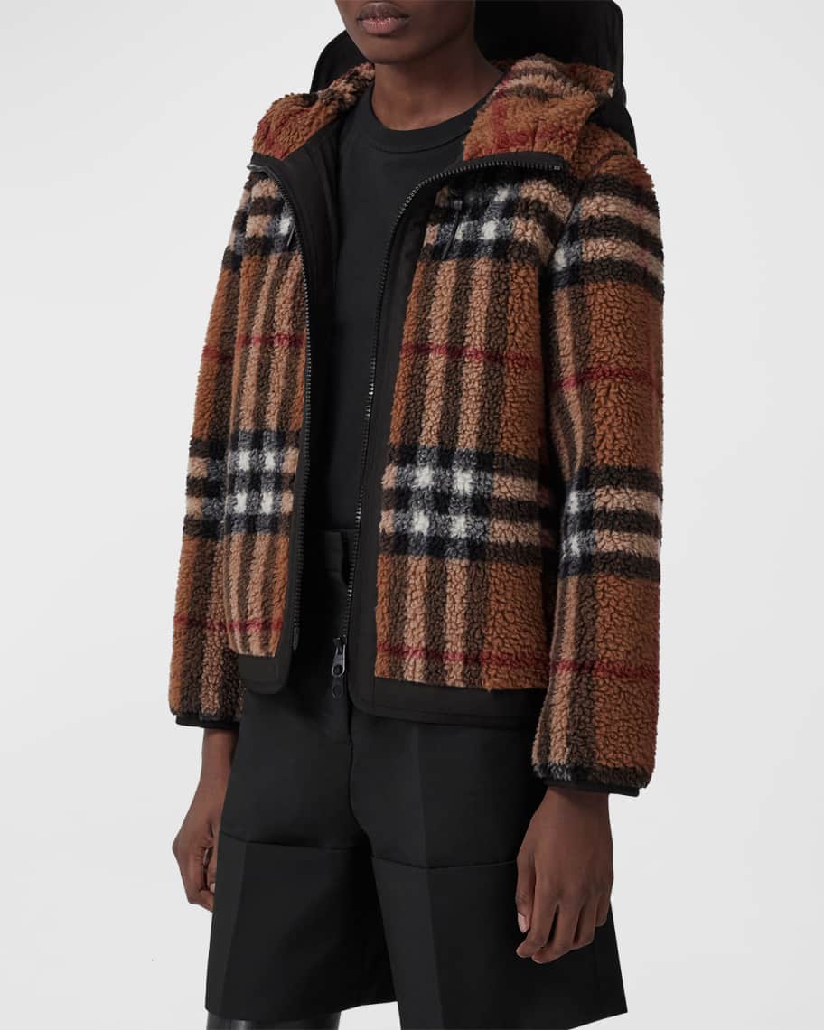 Burberry Adney Check Hooded Cashmere Teddy Jacket | Neiman Marcus