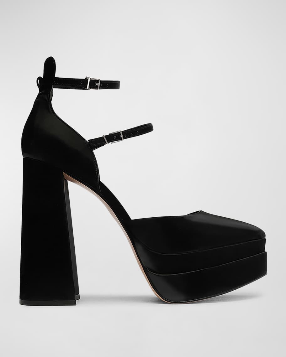 SCHUTZ Elysee Green Platform Pumps - 5.5 Inch Block Heel Ankle Strap Pointy Toe