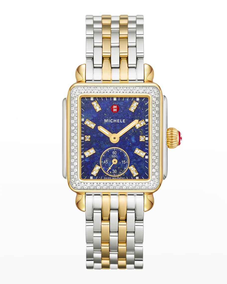 MICHELE Deco Mid Diamond and Lapis Dial Watch in Two-Tone | Neiman Marcus