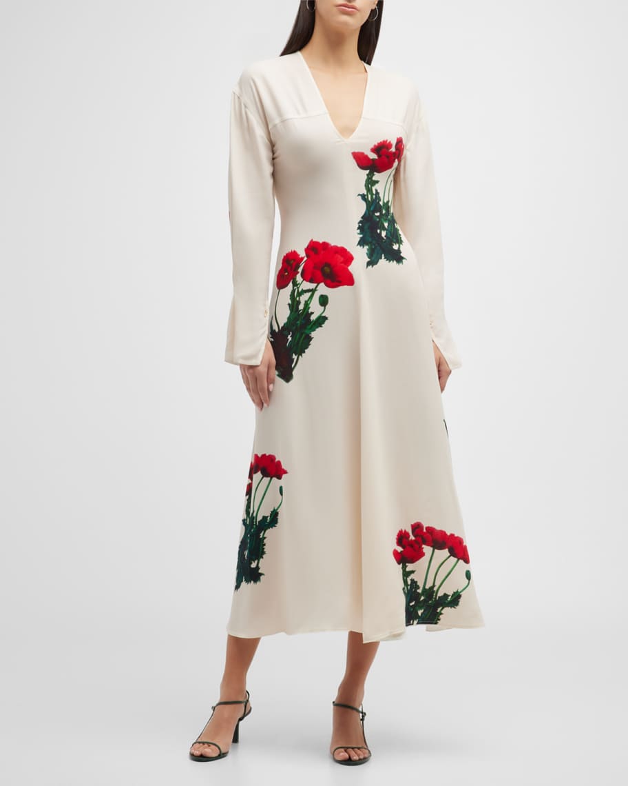 Victoria Beckham Floral-Print V-Neck Midi Dress | Neiman Marcus