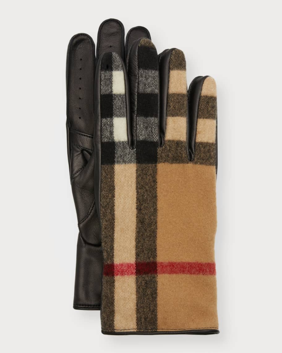 Burberry Men's Exaggerated Check Wool & Leather Gloves | Neiman Marcus