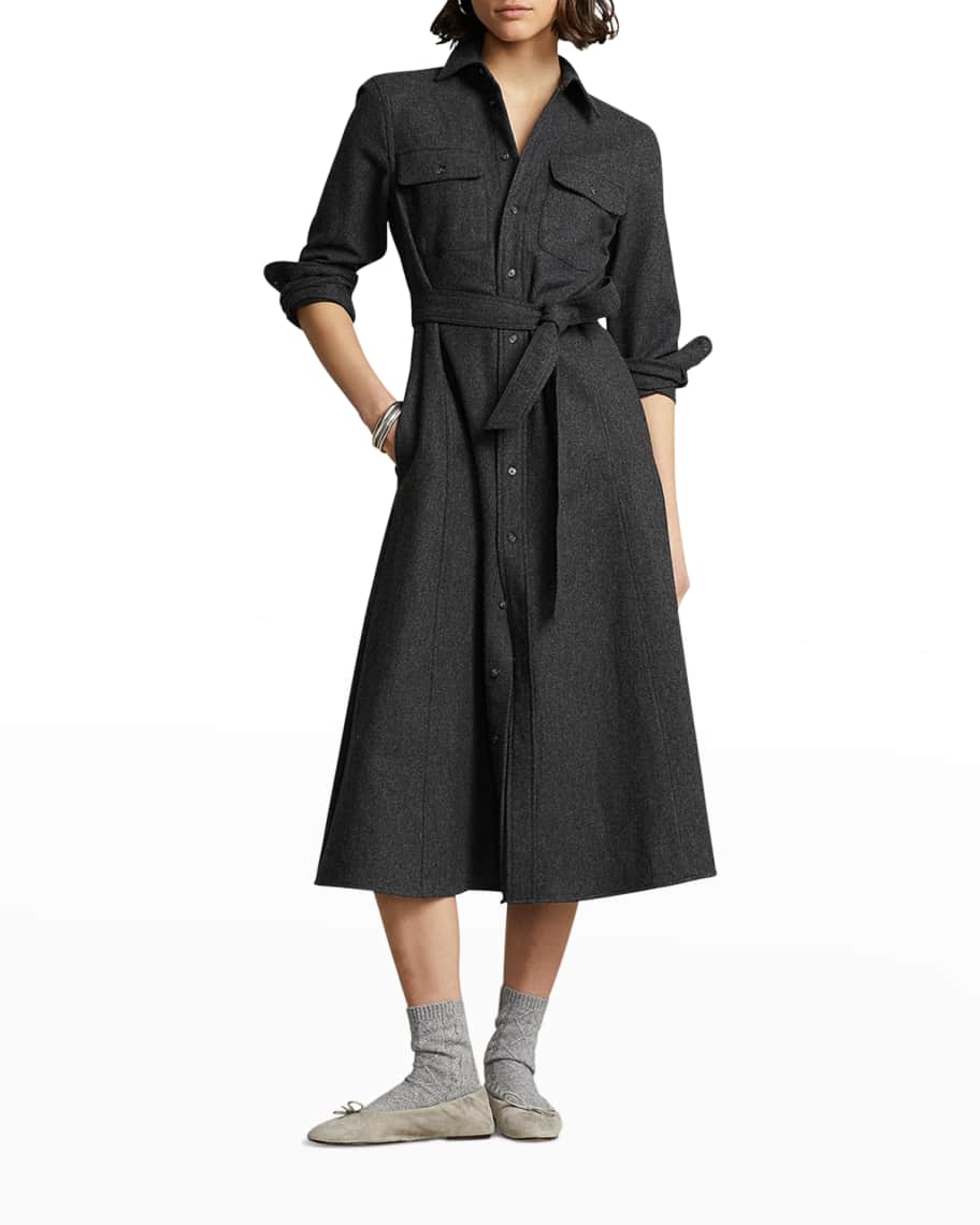 Polo Ralph Lauren Utility Wool Belted Midi Shirtdress | Neiman Marcus