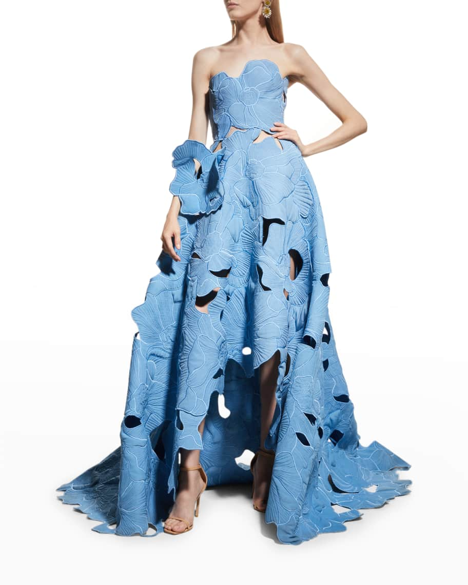 Oscar de la Renta Strapless Dahlia-Print Thigh-Slit Chiffon Gown With  Capelet