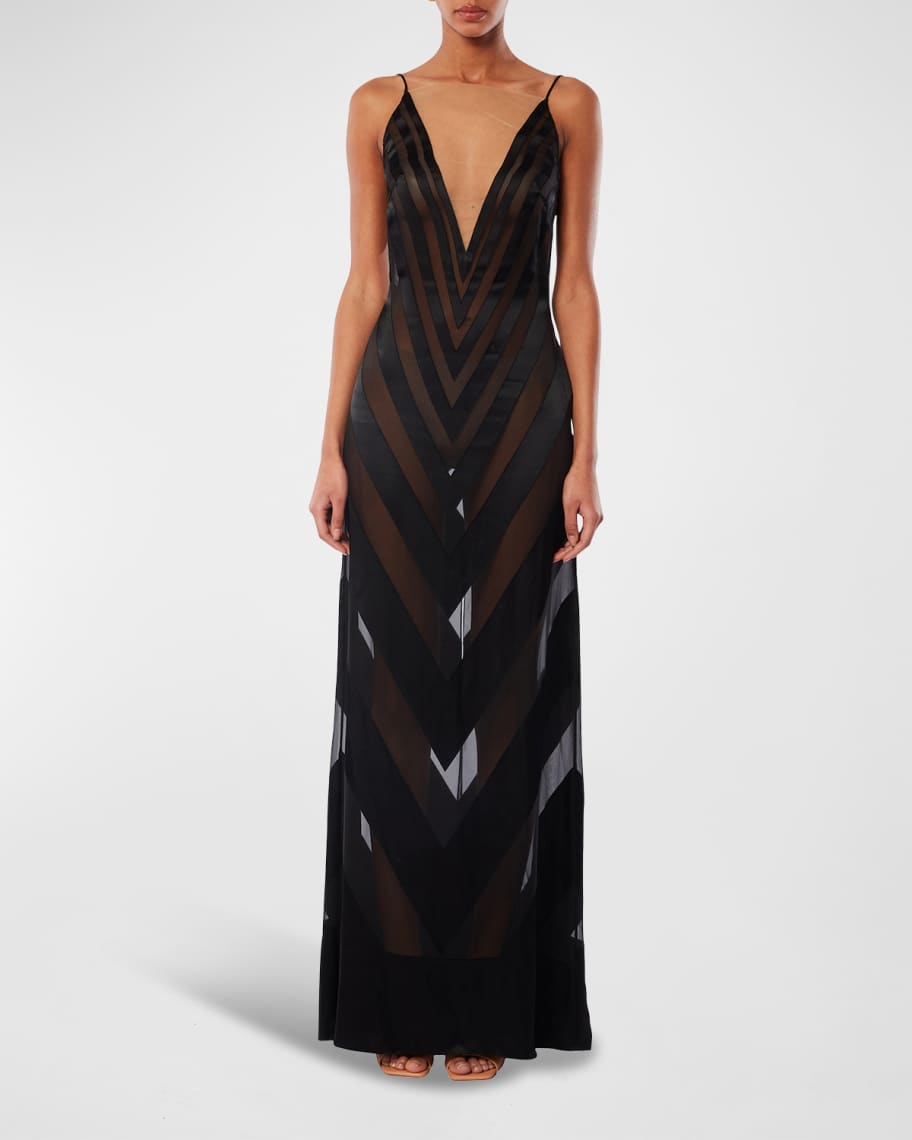 CASABLANCA Devore Sheer Silk Chevron Illusion Gown | Neiman Marcus
