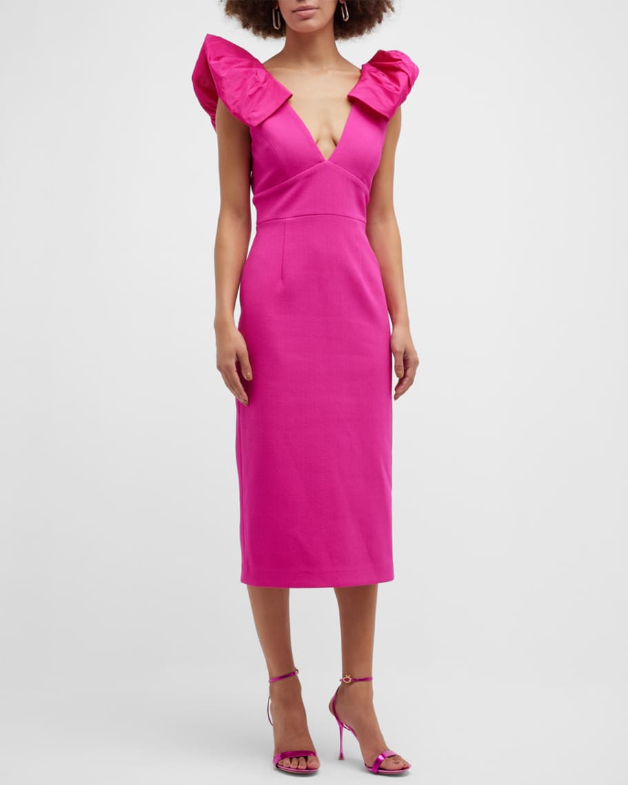 REBECCA VALLANCE Cupids Bow Puff-Shoulder Midi Dress | Neiman Marcus