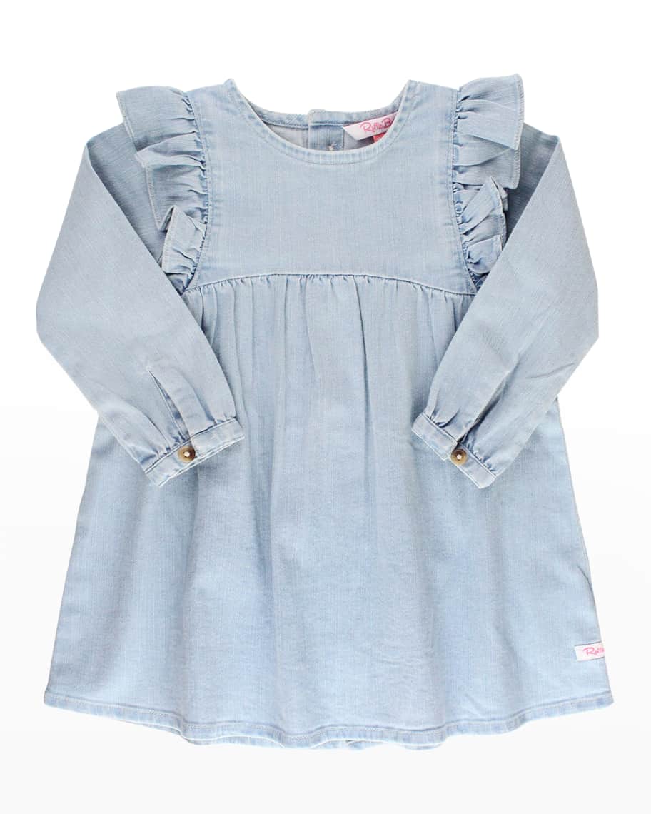 Girls Ruffled Dark Wash Denim Bow Skirt by RuffleButts main image 0