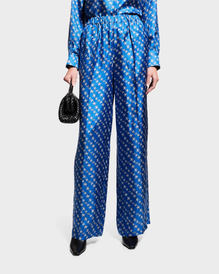 Max Mara Anversa Starfish-Print Wide-Leg Silk Pull-On Pants