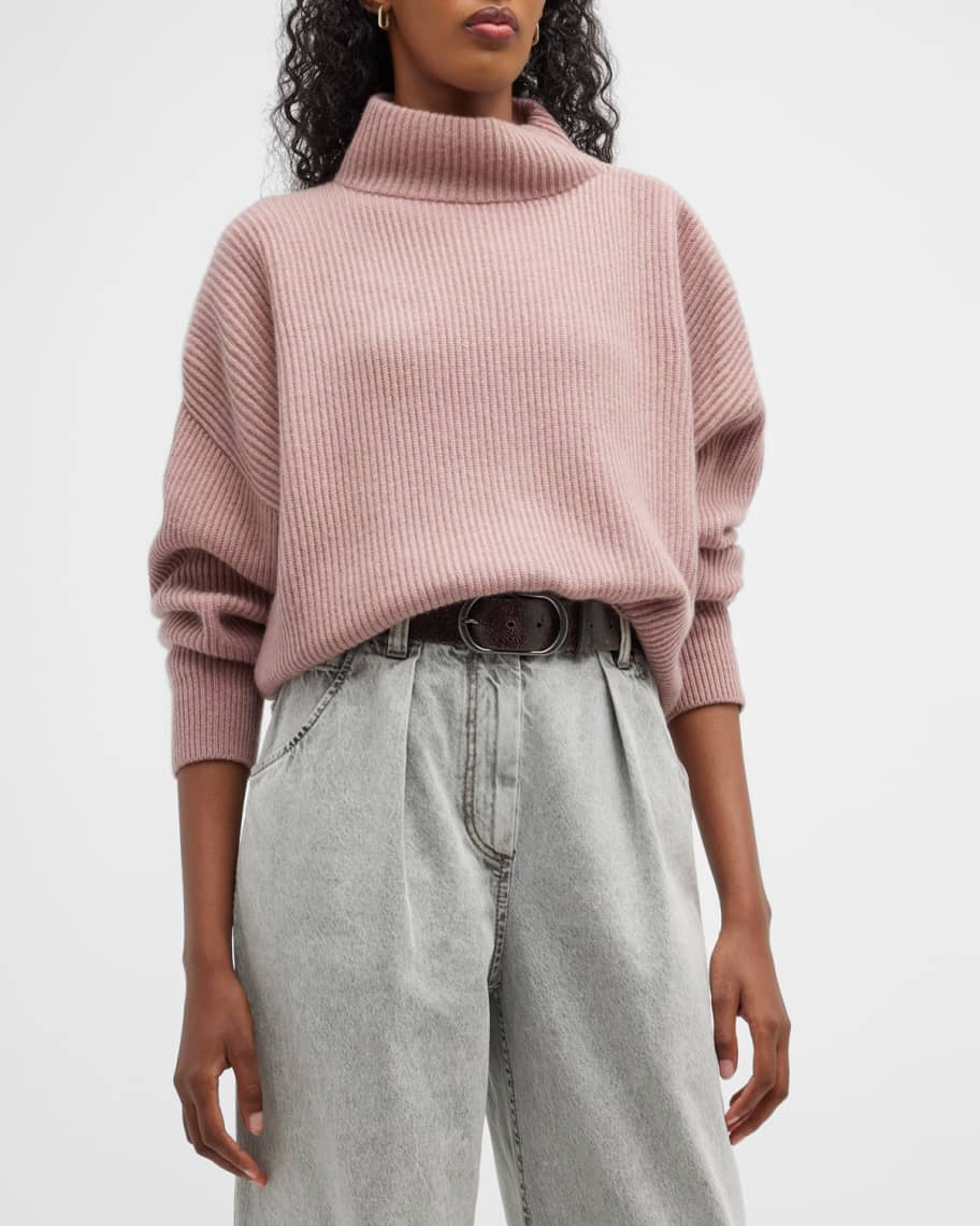 Brunello Cucinelli Mock-Neck Monili Zip Ribbed Cashmere Sweater
