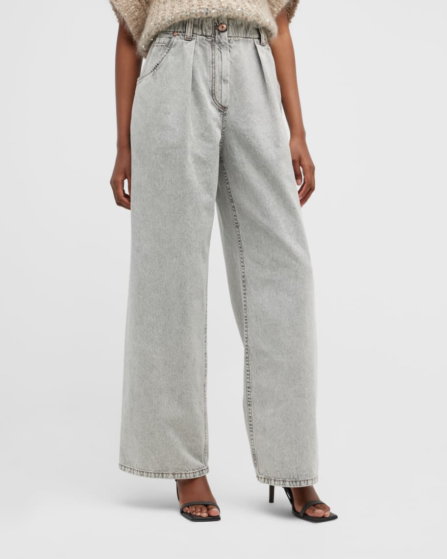 Brunello Cucinelli StoneWashed Pleated WideLeg ElasticWaist Jeans