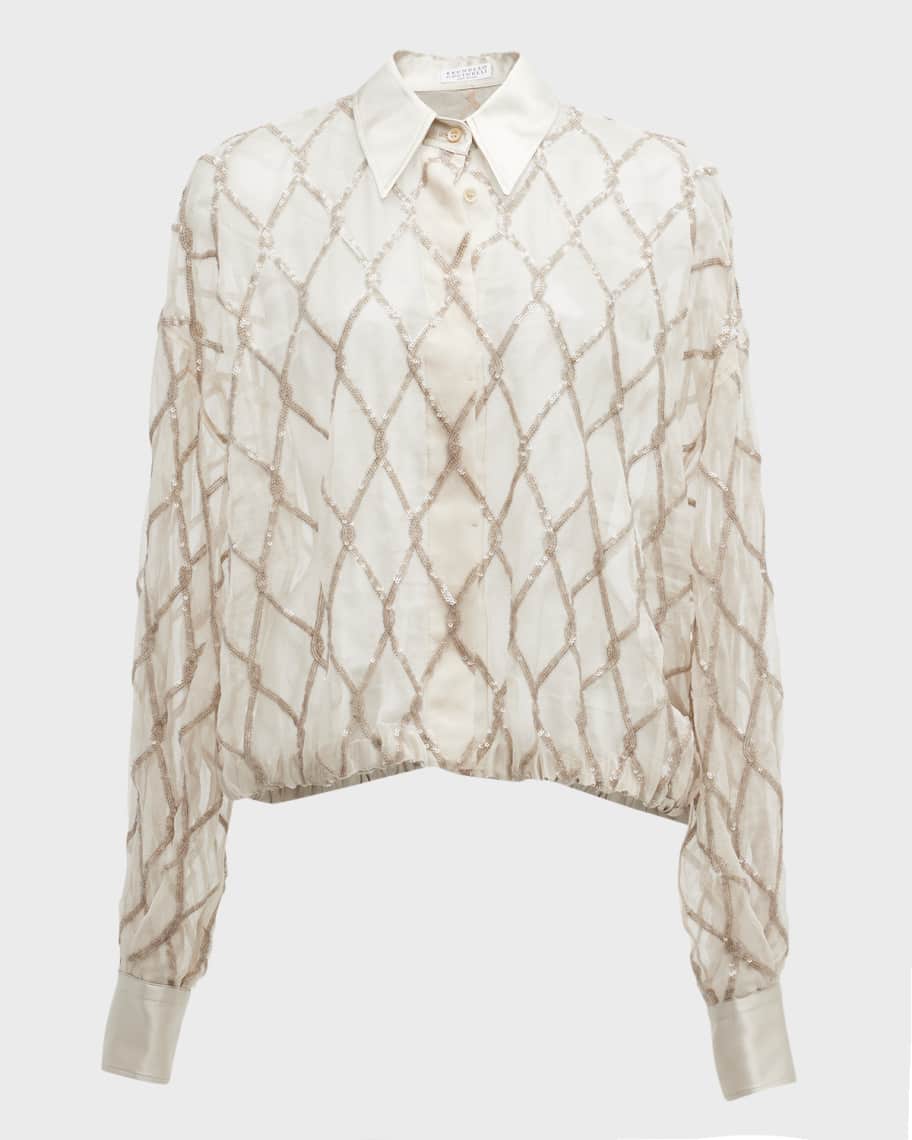 Brunello Cucinelli Argyle Paillette Balloon-Hem Collared Silk Top