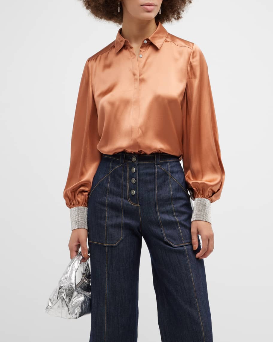 Cinq a Sept Selina Silk Sateen Rhinestone-Cuff Top | Neiman Marcus