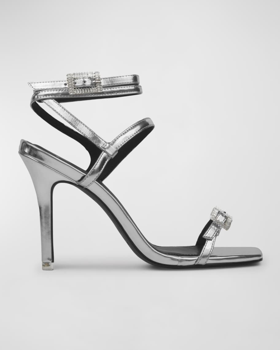 Black Suede Studio Venice Crystal Embellished Buckle Stiletto Sandals Neiman Marcus