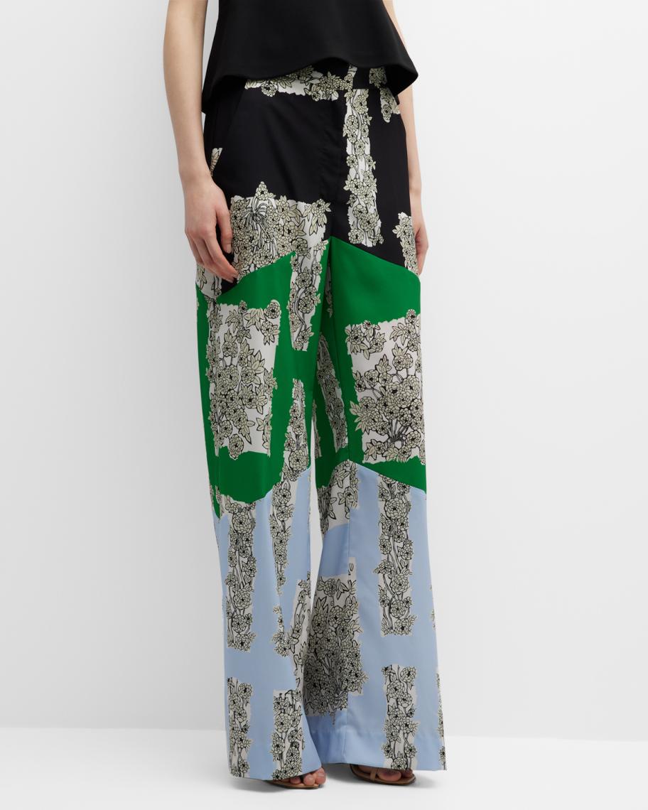 Lela Rose Colorblock Floral Wide-Leg Seamed Pants | Neiman Marcus