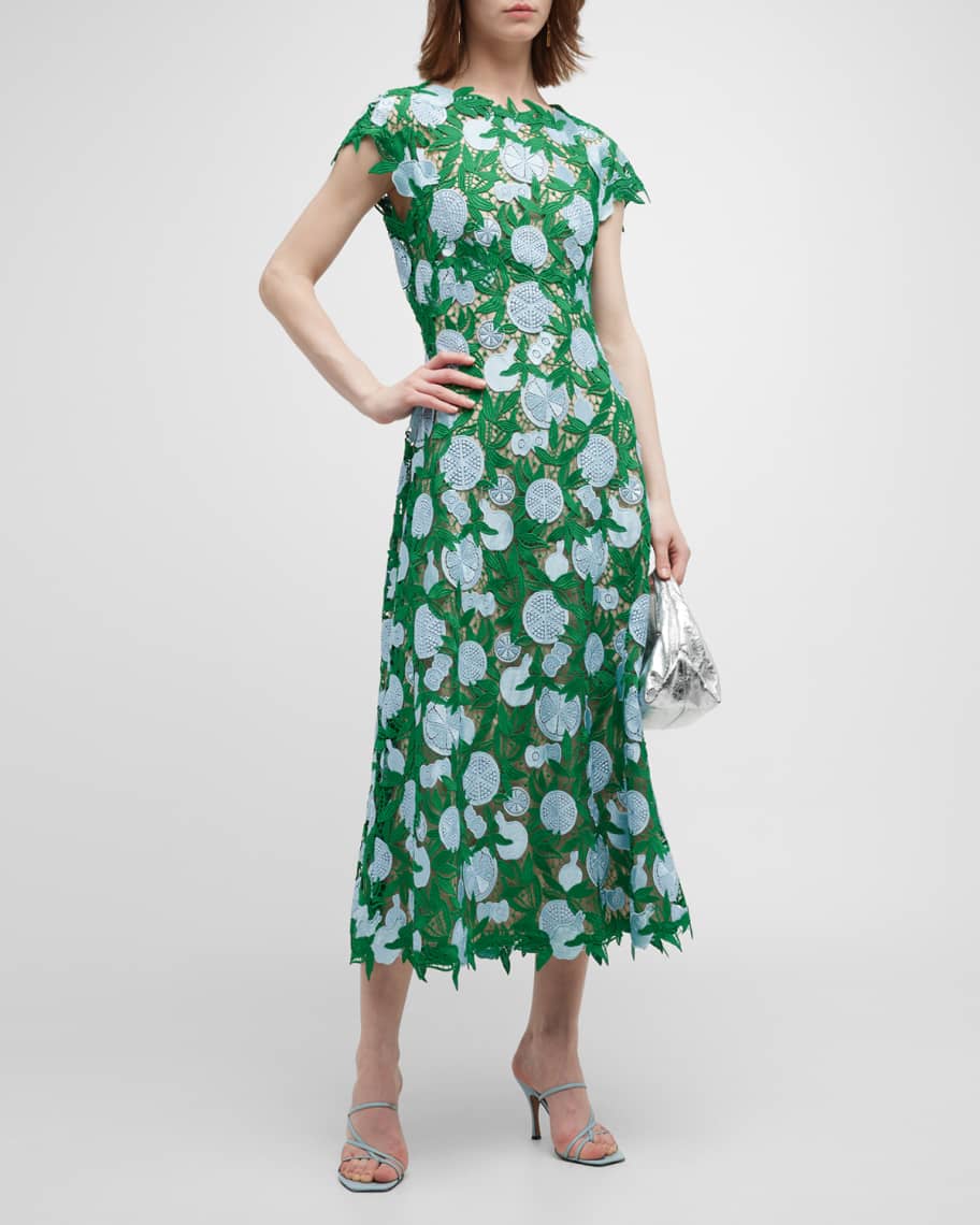 Lela Rose Open-Back Floral Lace Midi Dress | Neiman Marcus