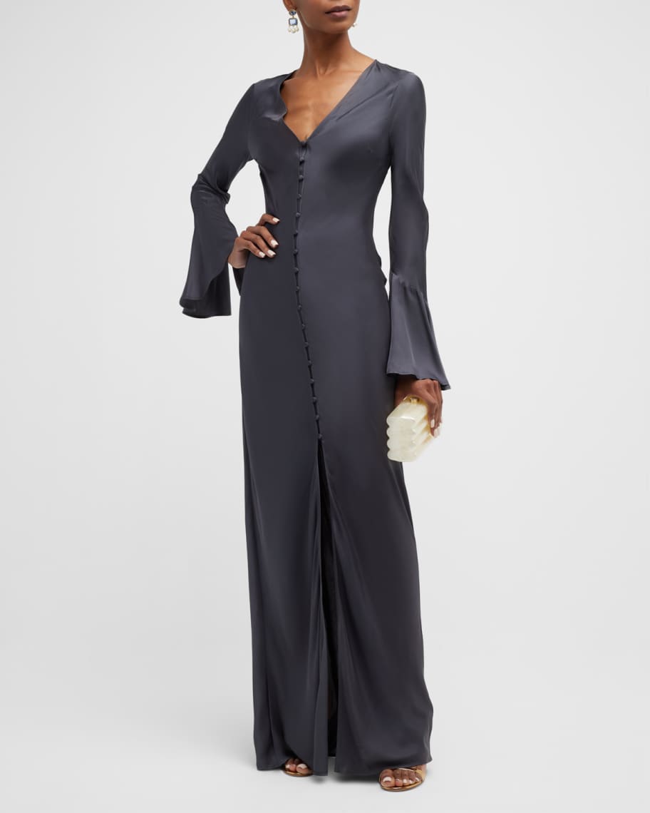 In The Style x Yasmin Chanel satin maxi dress with thigh slit in black