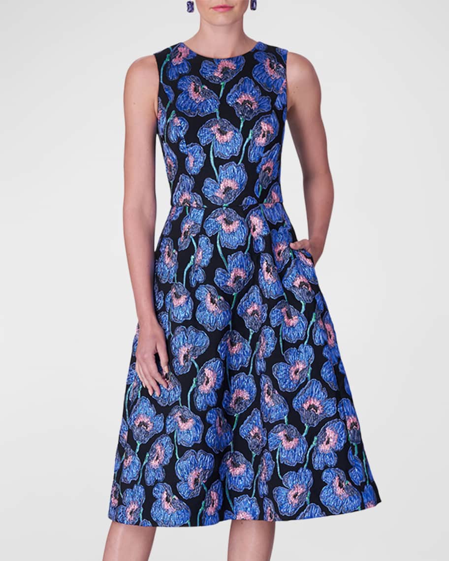 Carolina Herrera Metallic Floral Jacquard A-Line Midi Dress | Neiman Marcus