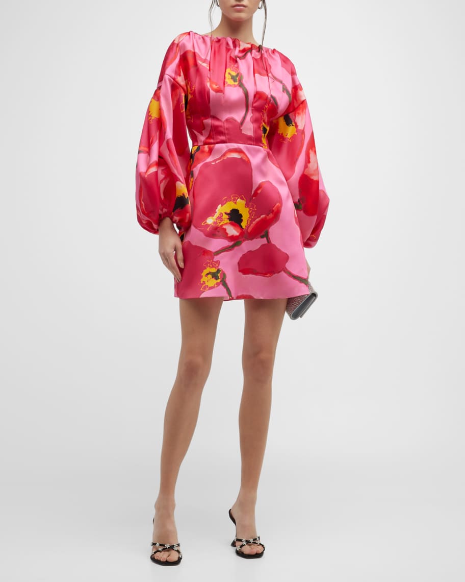 Carolina Herrera Floral-Print Balloon-Sleeve Silk Mini Dress | Neiman ...