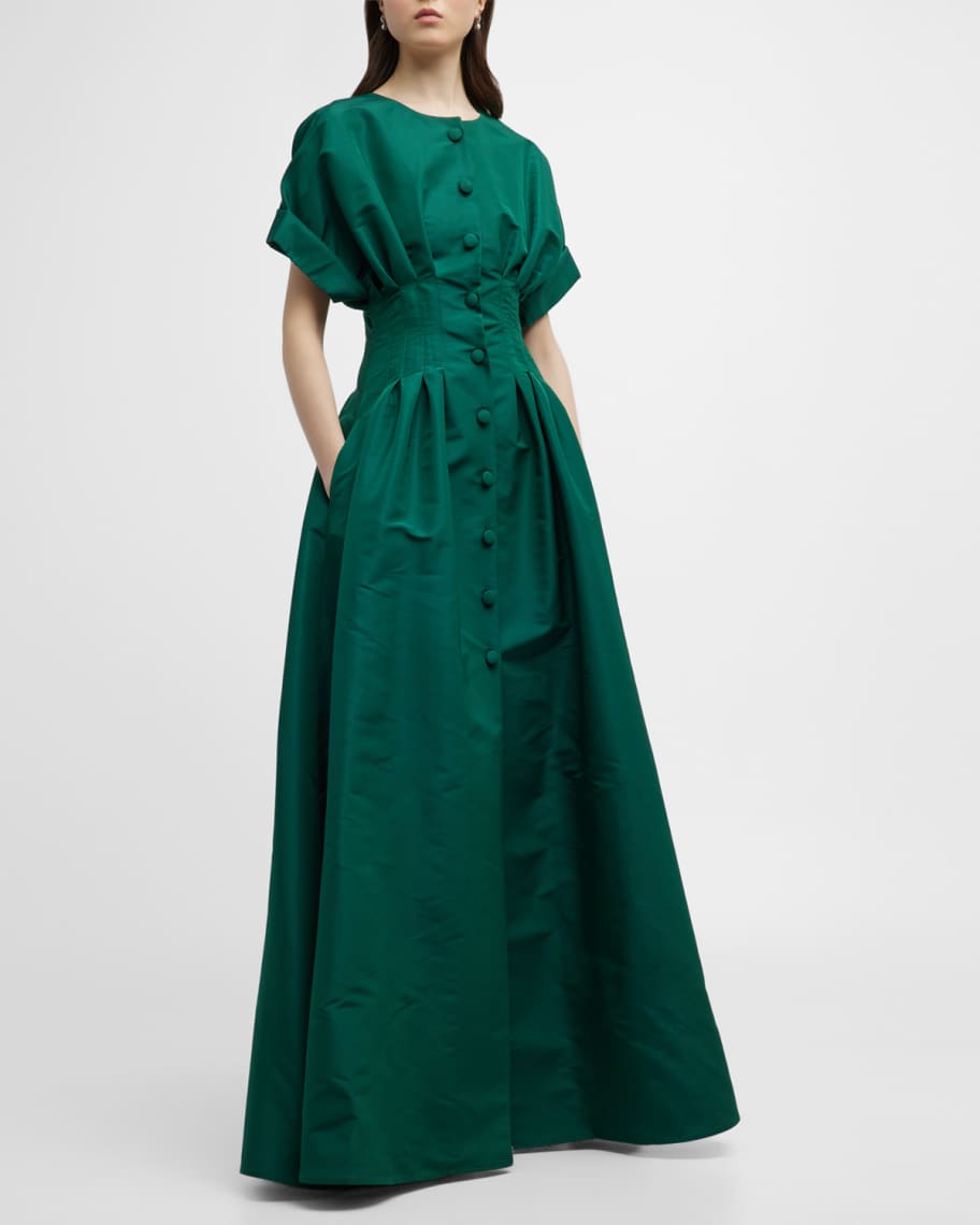 Carolina Herrera Roll-Sleeve Pleated Silk Gown | Neiman Marcus