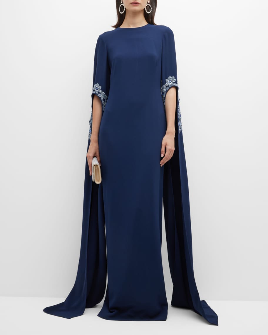 Pamella Roland Crepe Sleeve Applique Gown | Neiman Marcus
