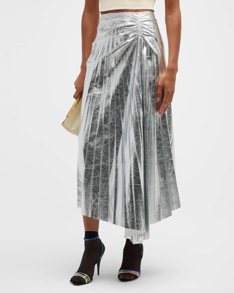 Image 1 of 6: Tori Pleated Metallic Vegan Leather Midi Skirt