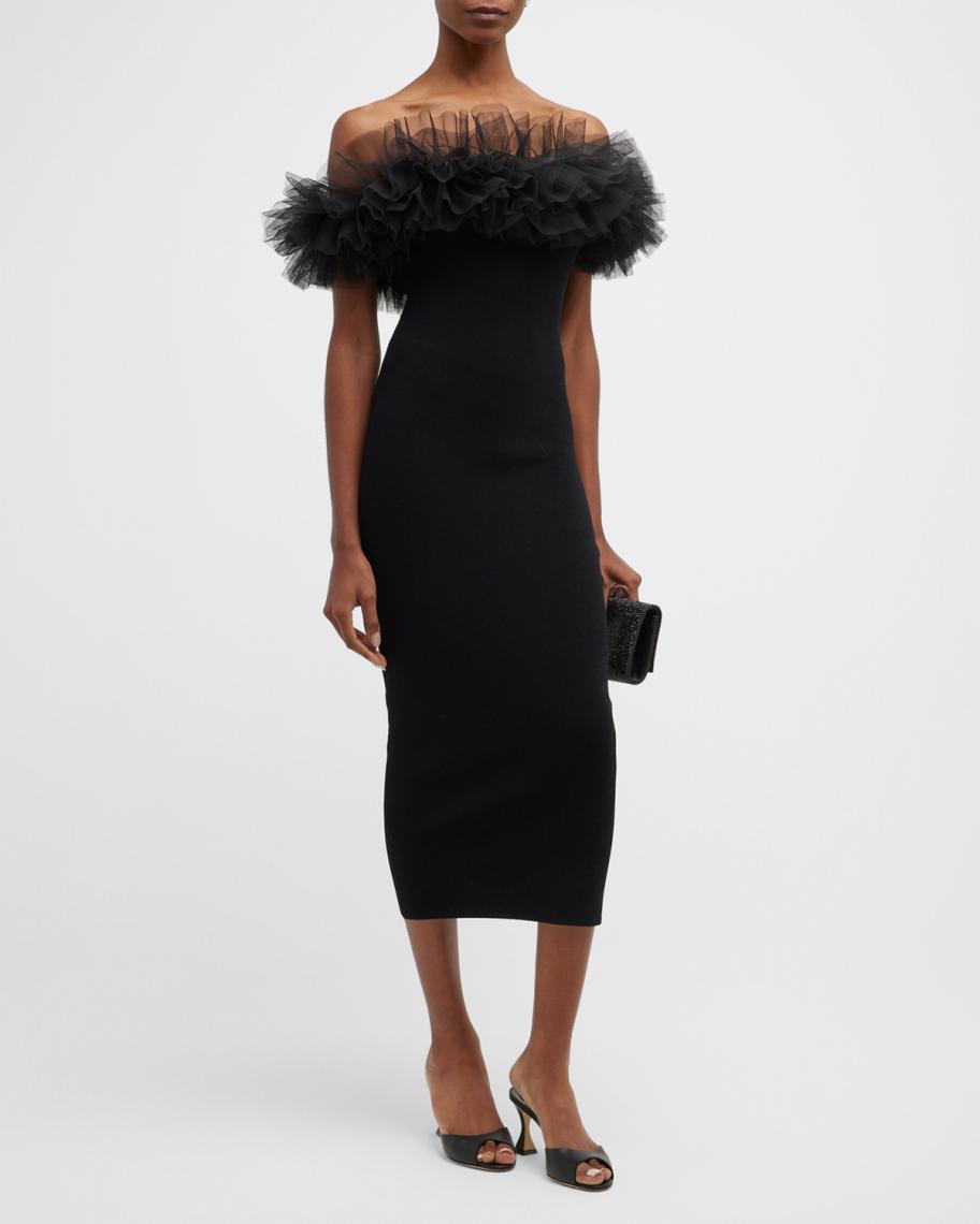 Autumn Cashmere Ruffle Tulle Off-Shoulder Midi Dress | Neiman Marcus